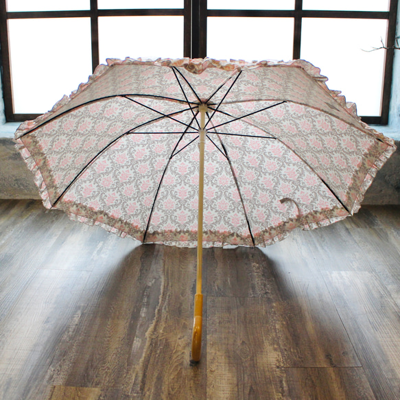 日差し対策に♪フリル付き日傘 ダマスク柄 (グレージュ×ピンク) 6枚目の画像