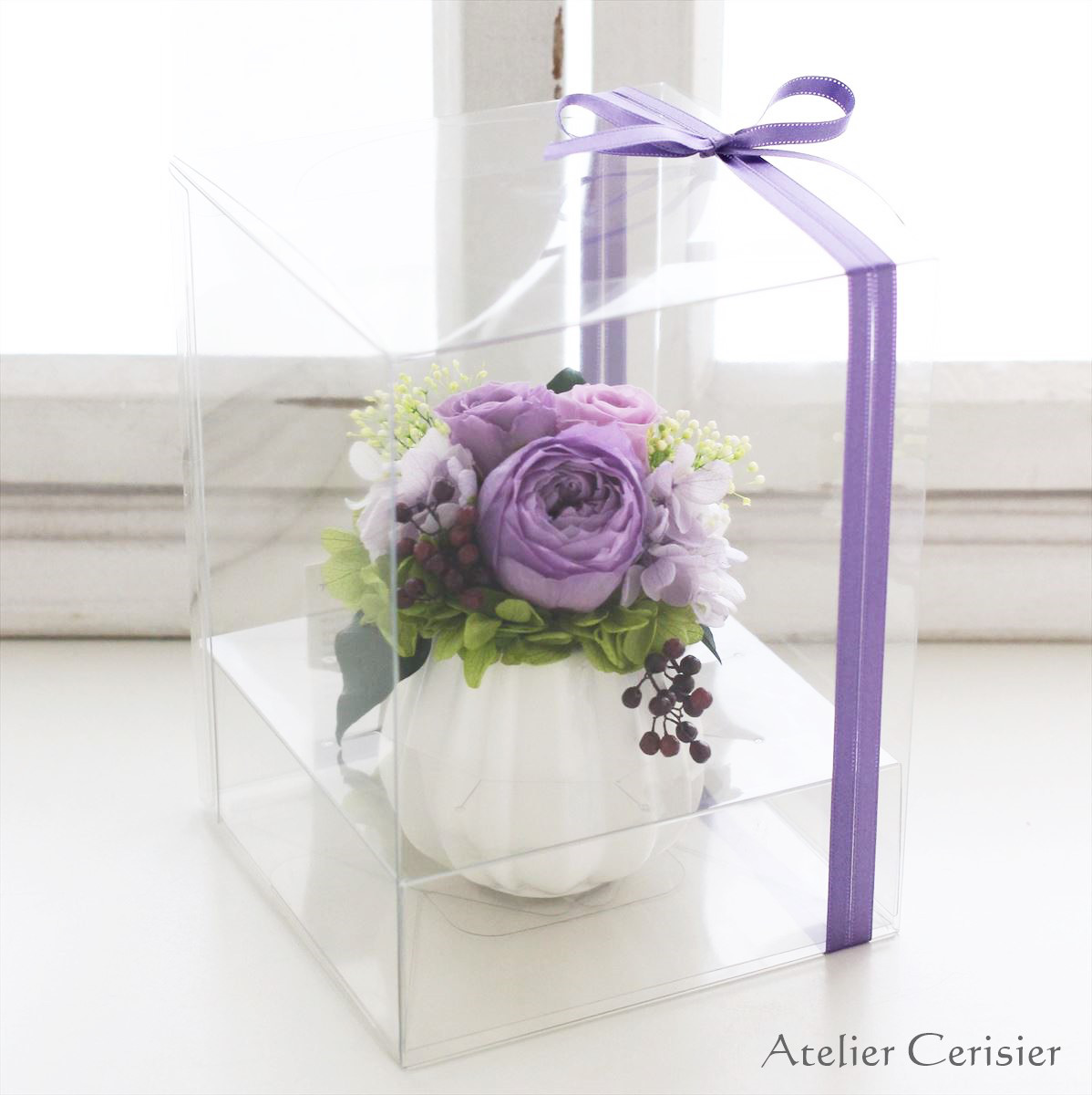 プリザーブドフラワー＜フルーレット＞薄紫色 バラ ミニアレンジ【お供え花 仏花】