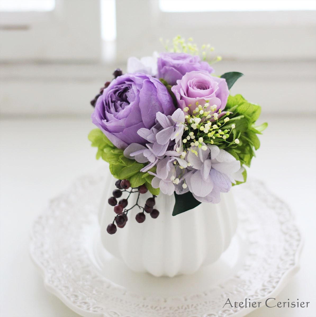 プリザーブドフラワー＜フルーレット＞薄紫色 バラ ミニアレンジ【お供え花 仏花】