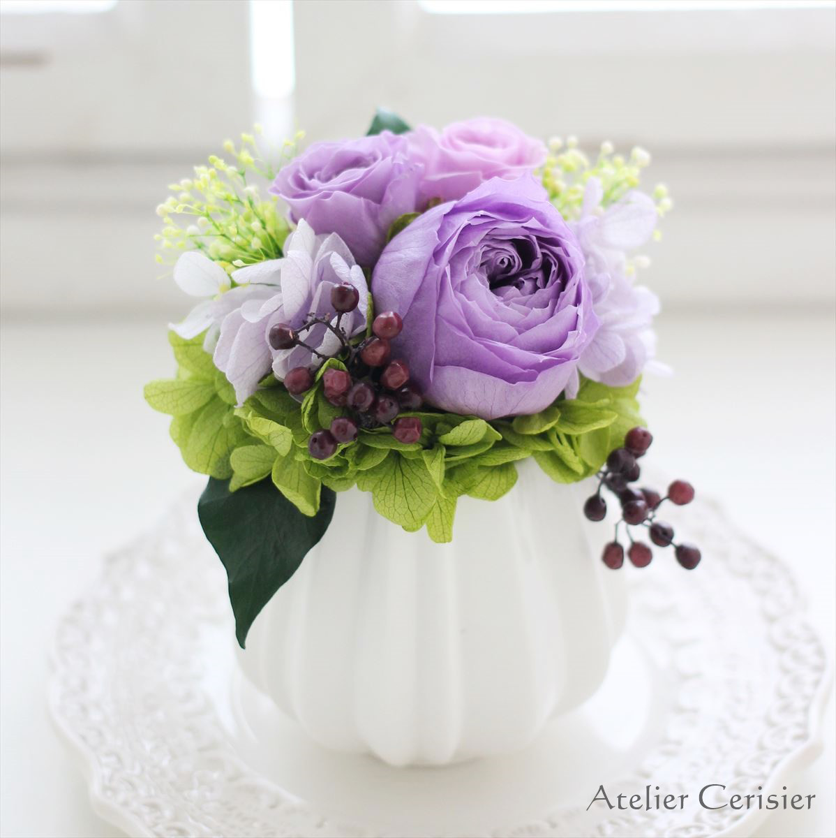 プリザーブドフラワー＜フルーレット＞薄紫色 バラ ミニアレンジ【お供え花 仏花】