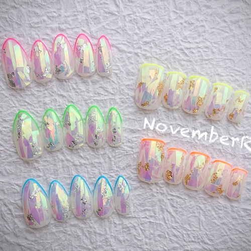 LA409☆ネオンカラーの極細フレンチ&フィルム ネイルチップ（つけ爪