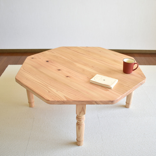 折りたたみ ろくろ脚のハチカクテーブル90cm｜無垢杉 カントリー調