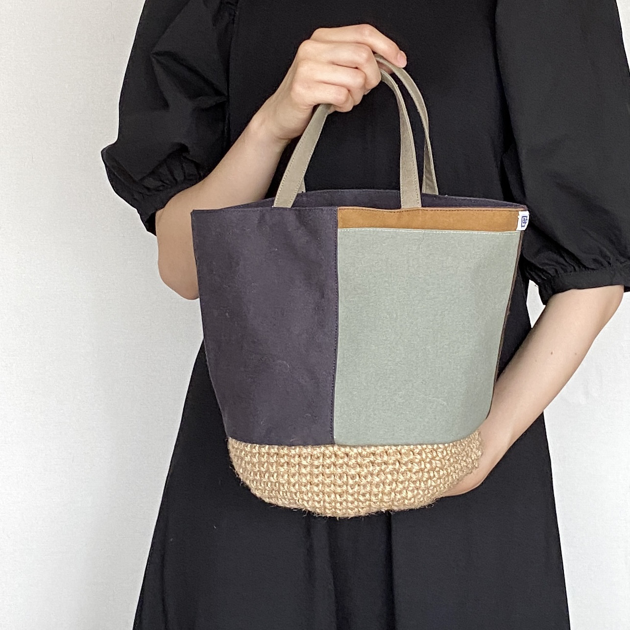 麻ひもバッグ＋布☆パッチ☆グリーン