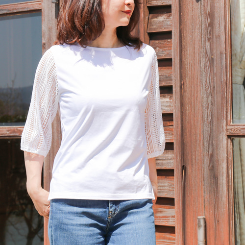 袖レースの七分袖Tシャツホワイト 二の腕 レース 日本製 コットン 綿
