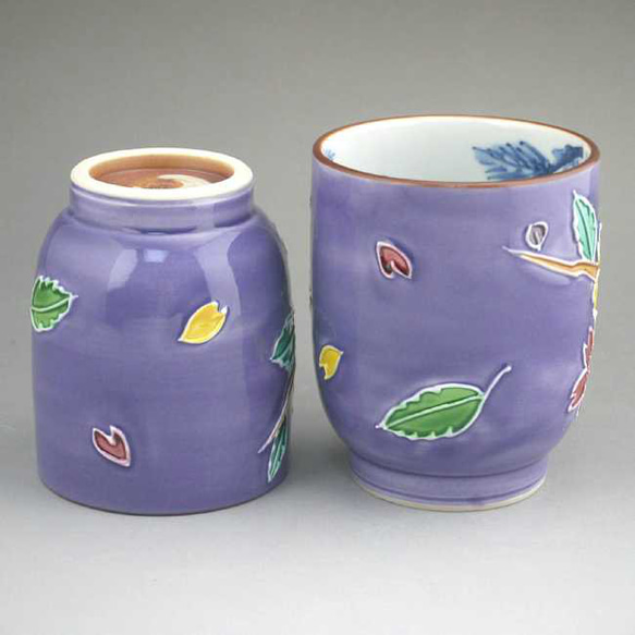 紫交趾山吹夫婦湯飲み　昇峰 小一つ ペアのお値段です