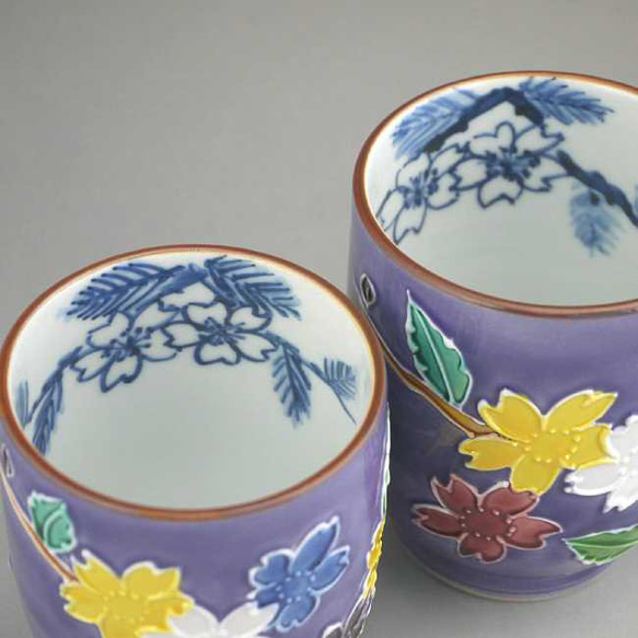 紫交趾山吹夫婦湯飲み　昇峰 小一つ ペアのお値段です