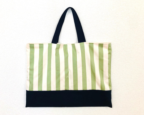 新色☆シンプルなモスグリーンストライプと濃紺のレッスンバッグ