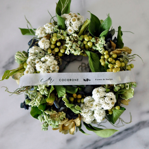 ドライフラワー リース】ヤマハハコと初雪草のホワイトグリーンリース