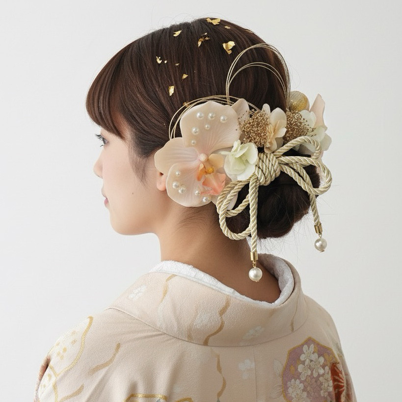 【豪華】　髪飾り　2023 成人式　卒業式　結婚式　簪付き　紫ピンク水引 豪華】 髪飾り 成人式 卒業式 結婚式 黒 ゴールド シルバー 水引