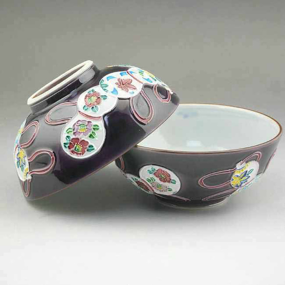 紫交趾六瓢夫婦茶碗　昇峰◆商品番号　3246 1枚目の画像