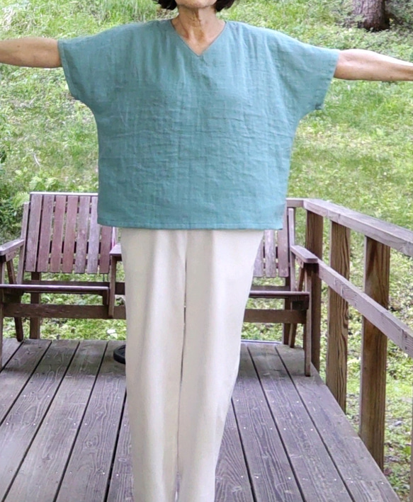 ダブルガーゼのフレンチ袖Tシャツ　ヨットブルー 4枚目の画像