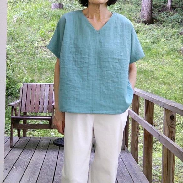 ダブルガーゼのフレンチ袖Tシャツ　ヨットブルー 2枚目の画像