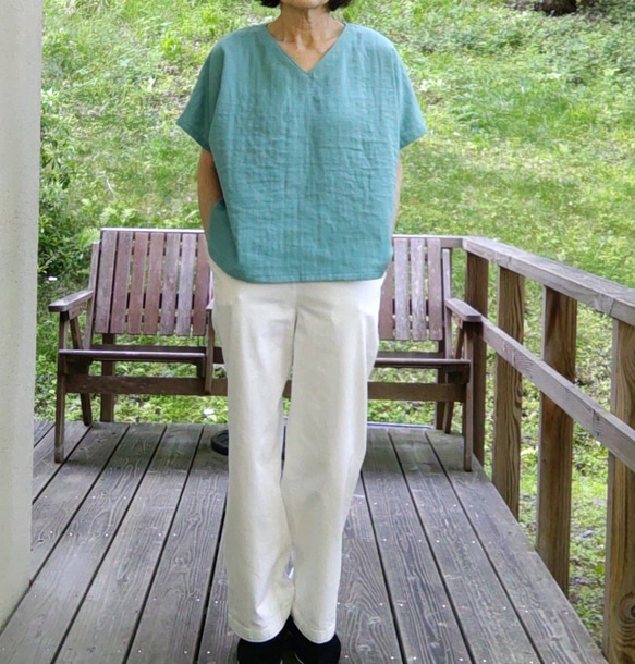 ダブルガーゼのフレンチ袖Tシャツ　ヨットブルー 1枚目の画像