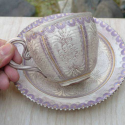 ◆商品番号　 5033 紫彩花紋コーヒー茶碗　陶楽 2枚目の画像