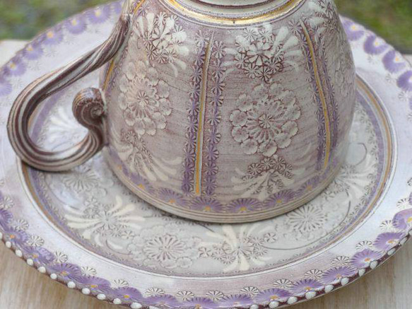 ◆商品番号　 5033 紫彩花紋コーヒー茶碗　陶楽 3枚目の画像