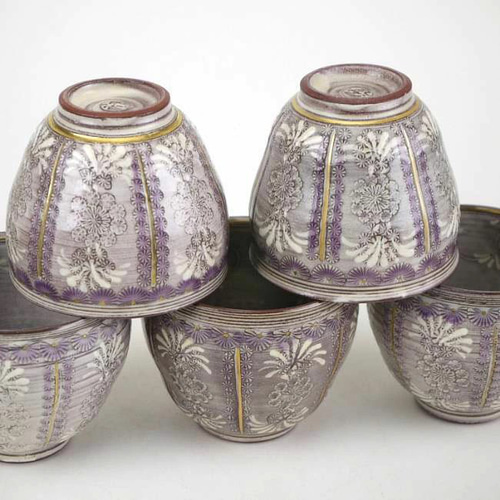 ◇商品番号 8421 紫彩花紋お茶呑茶碗揃え 陶楽 湯呑み 松韻堂 通販  