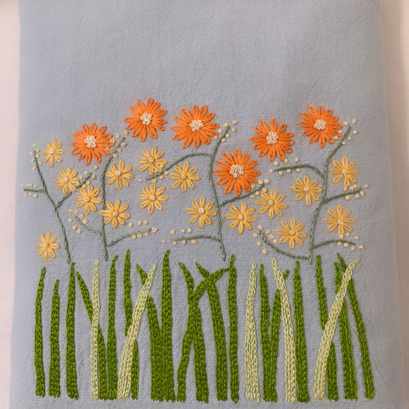 【サコッシュ】綿麻･草花手刺繍  ペールブルー【くが屋】