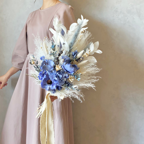 ドライフラワー ブーケ～パームフラワーのブルーブーケ＆ブートニア