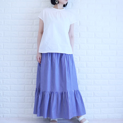 【太青ストライプ】【ティアードスカート】播州織コットンストライプギャザースカート 8枚目の画像