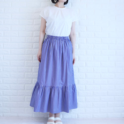 【太青ストライプ】【ティアードスカート】播州織コットンストライプギャザースカート 2枚目の画像
