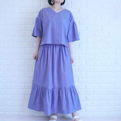 【太青ストライプ】【ティアードスカート】播州織コットンストライプギャザースカート 4枚目の画像
