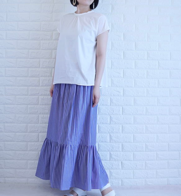 【太青ストライプ】【ティアードスカート】播州織コットンストライプギャザースカート 7枚目の画像