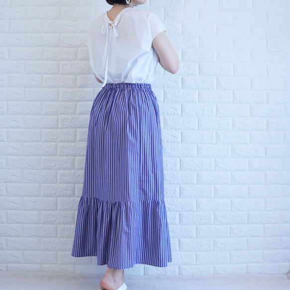 【太青ストライプ】【ティアードスカート】播州織コットンストライプギャザースカート 11枚目の画像