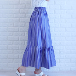 【太青ストライプ】【ティアードスカート】播州織コットンストライプギャザースカート 10枚目の画像