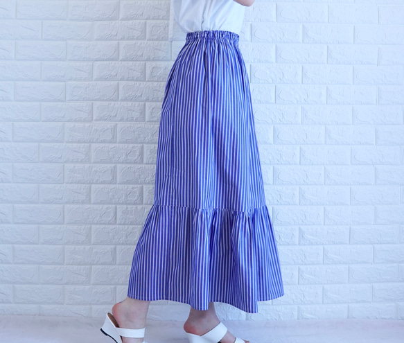 【太青ストライプ】【ティアードスカート】播州織コットンストライプギャザースカート 10枚目の画像