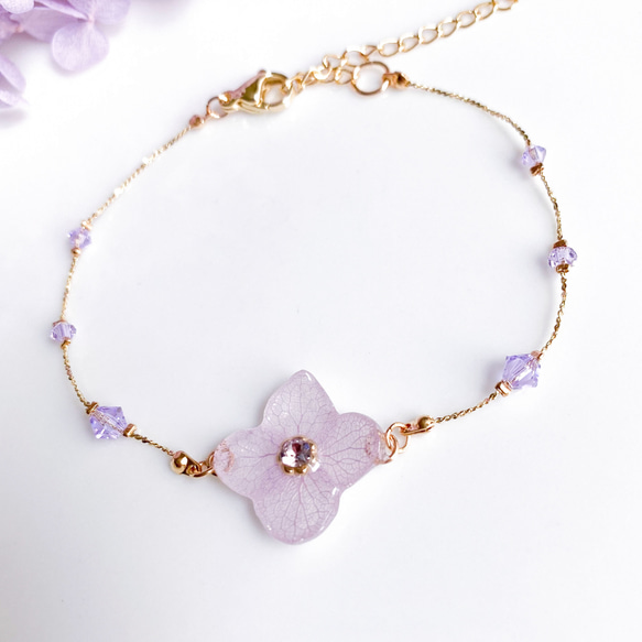 紫陽花とスワロの華奢ブレスレット（ライラックパープル） 5枚目の画像