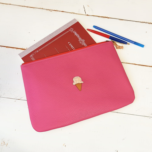 本革フラットポーチXL◇マシュマロアイスクリーム(ピンク)◇大きな