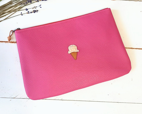 本革フラットポーチXL◇マシュマロアイスクリーム(ピンク)◇大きな
