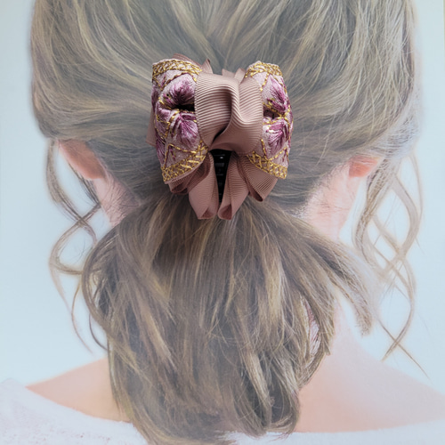 サッと可愛く♪インド刺繍リボン 小さめバンスクリップ まとめ髪