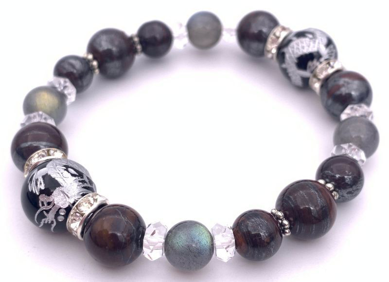 天然石オニキス銀彫り青龍12mm玉＆ラブラドライト&スギライトのブレスレット