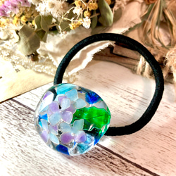 受注制作 水たまりの紫陽花 ヘアゴム アジサイ レジン 琉球ガラス