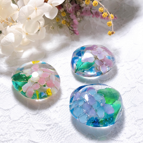 受注制作 水たまりの紫陽花 ヘアゴム アジサイ レジン 琉球ガラス