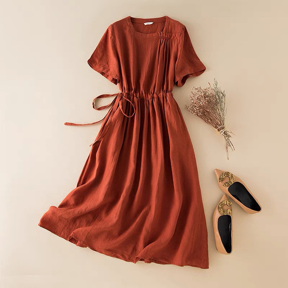 【美品】ルネ　2023年　リネンライクワンピース　オレンジ　36 ルネ Rene 23年製 Linen-Like Dress リネンライクドレス