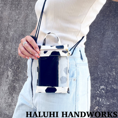 牛柄×クリアPVC スマホポシェット 2Way ショルダーバッグ ミニバッグ 