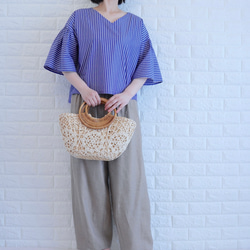 【播州織×爽やかストライプ】風通し抜群のギャザーブラウス　二の腕カバー・脱ぎ着楽　すっきり見え　上品な大人の夏服　 12枚目の画像