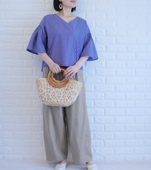 【播州織×爽やかストライプ】風通し抜群のギャザーブラウス　二の腕カバー・脱ぎ着楽　すっきり見え　上品な大人の夏服　 12枚目の画像