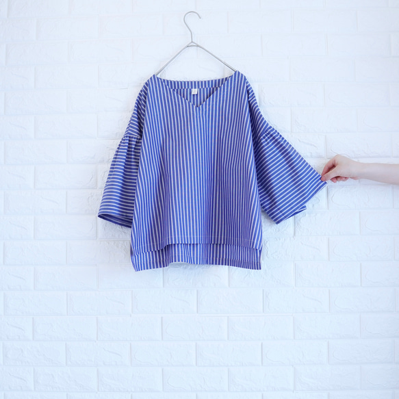 【播州織×爽やかストライプ】風通し抜群のギャザーブラウス　二の腕カバー・脱ぎ着楽　すっきり見え　上品な大人の夏服　 14枚目の画像