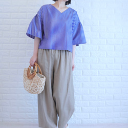 【播州織×爽やかストライプ】風通し抜群のギャザーブラウス　二の腕カバー・脱ぎ着楽　すっきり見え　上品な大人の夏服　 9枚目の画像