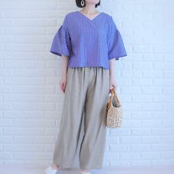 【播州織×爽やかストライプ】風通し抜群のギャザーブラウス　二の腕カバー・脱ぎ着楽　すっきり見え　上品な大人の夏服　 2枚目の画像