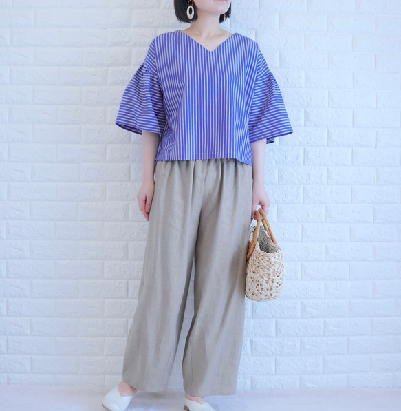 【播州織×爽やかストライプ】風通し抜群のギャザーブラウス　二の腕カバー・脱ぎ着楽　すっきり見え　上品な大人の夏服　 2枚目の画像