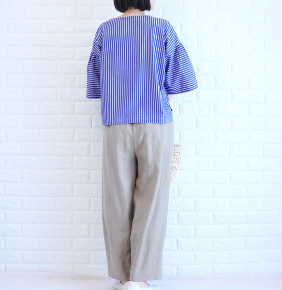 【播州織×爽やかストライプ】風通し抜群のギャザーブラウス　二の腕カバー・脱ぎ着楽　すっきり見え　上品な大人の夏服　 10枚目の画像