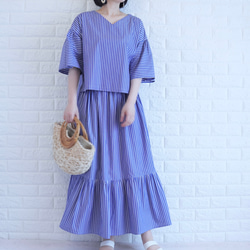 【播州織×爽やかストライプ】風通し抜群のギャザーブラウス　二の腕カバー・脱ぎ着楽　すっきり見え　上品な大人の夏服　 7枚目の画像