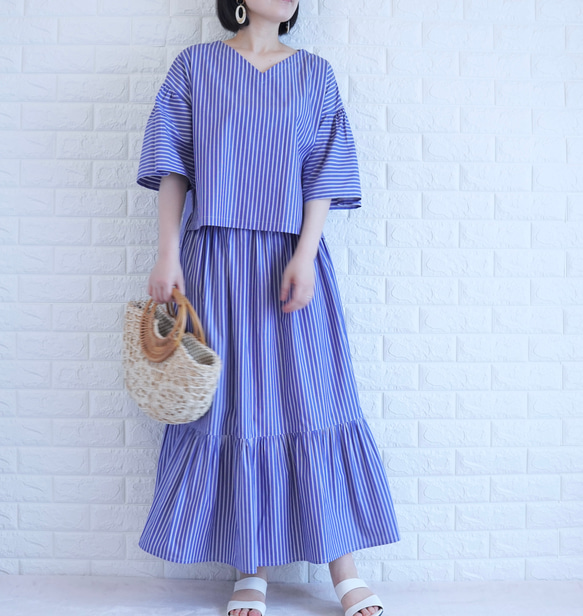 【播州織×爽やかストライプ】風通し抜群のギャザーブラウス　二の腕カバー・脱ぎ着楽　すっきり見え　上品な大人の夏服　 7枚目の画像