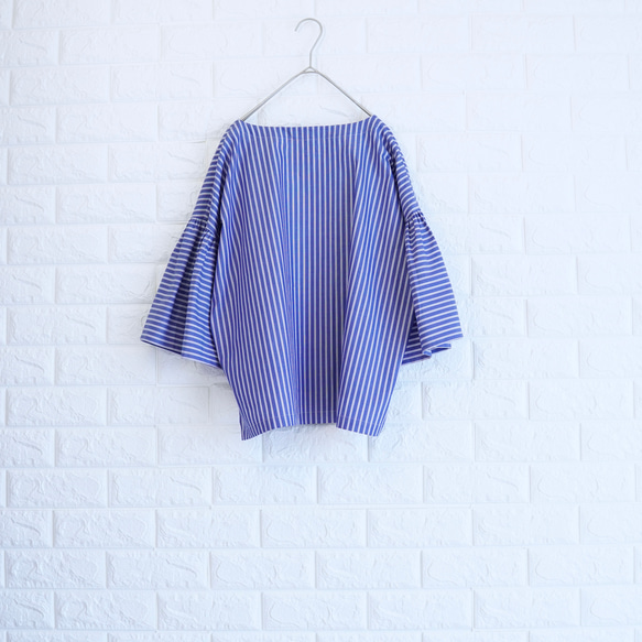 【播州織×爽やかストライプ】風通し抜群のギャザーブラウス　二の腕カバー・脱ぎ着楽　すっきり見え　上品な大人の夏服　 16枚目の画像