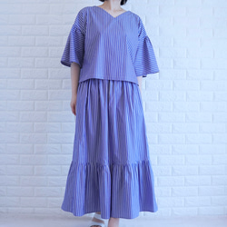 【播州織×爽やかストライプ】風通し抜群のギャザーブラウス　二の腕カバー・脱ぎ着楽　すっきり見え　上品な大人の夏服　 3枚目の画像