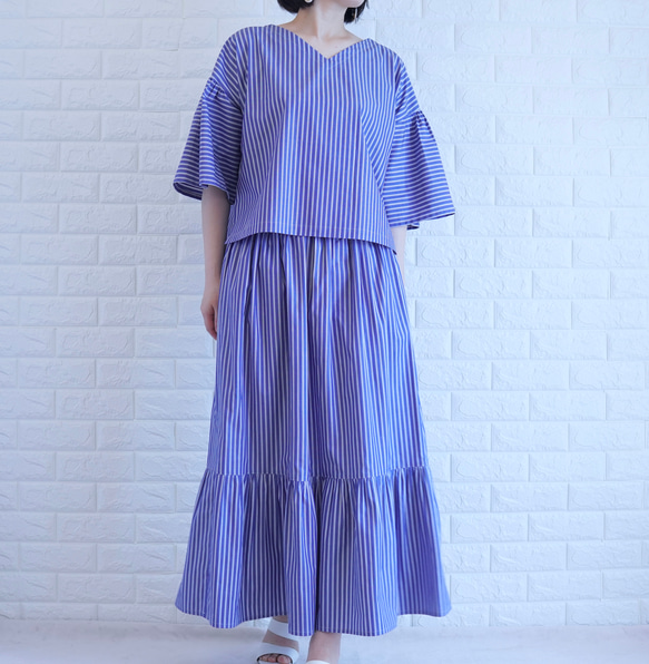 【播州織×爽やかストライプ】風通し抜群のギャザーブラウス　二の腕カバー・脱ぎ着楽　すっきり見え　上品な大人の夏服　 3枚目の画像